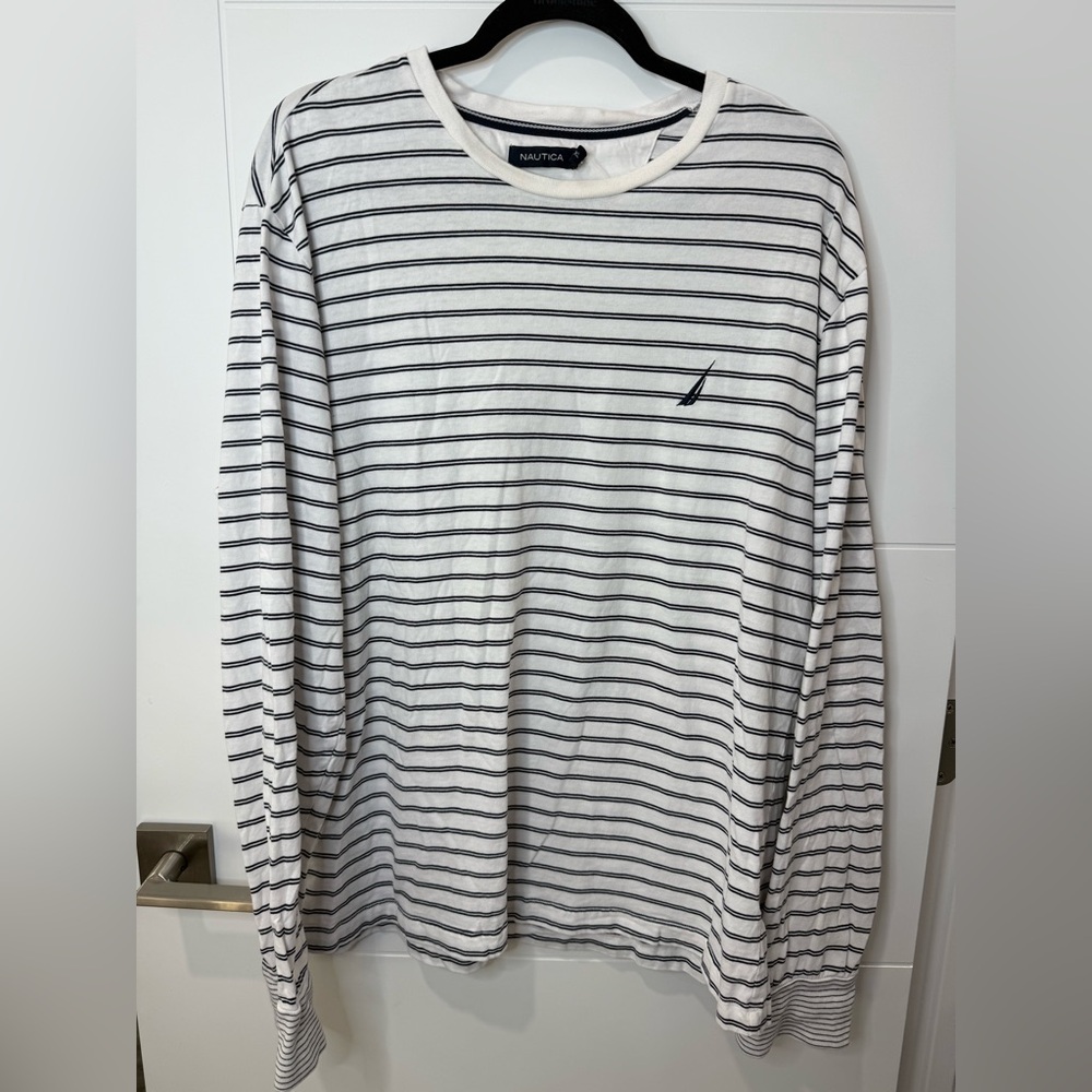 Nautica Men's Long Sleeve White and Black Striped Tee 100% cotton